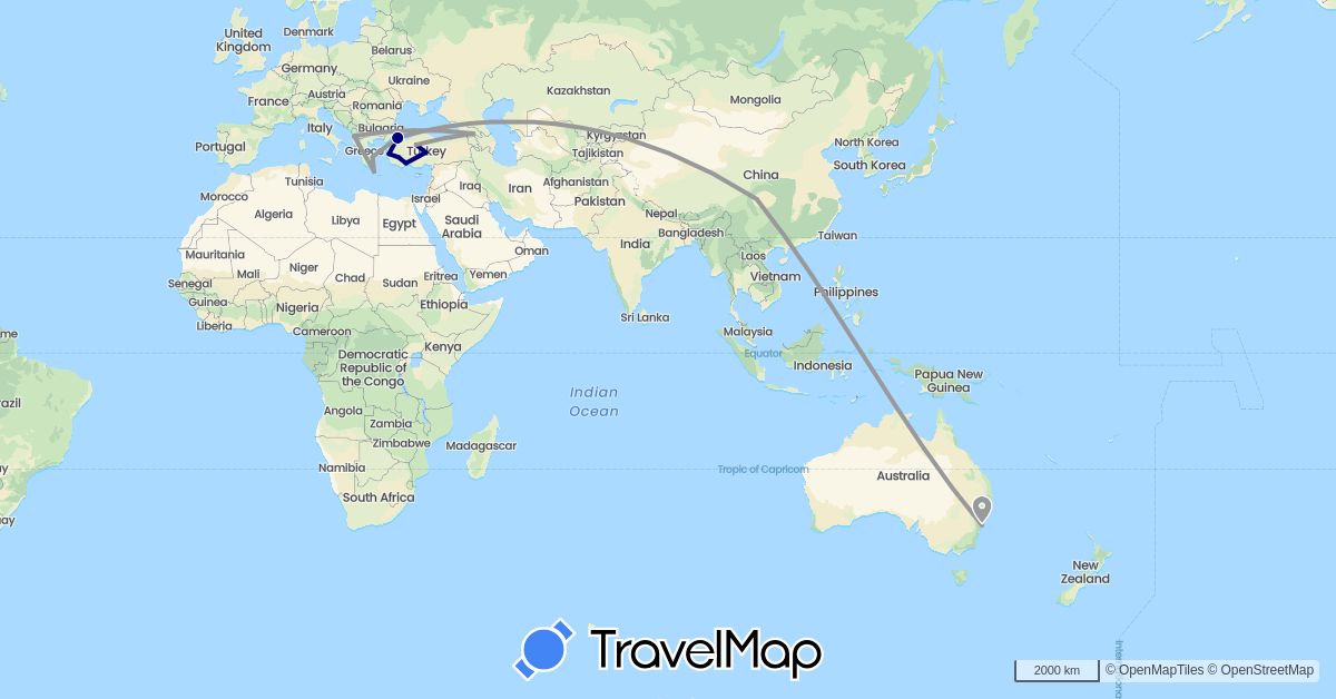 TravelMap itinerary: driving, plane in Albania, Australia, China, Georgia, Greece, Turkey (Asia, Europe, Oceania)